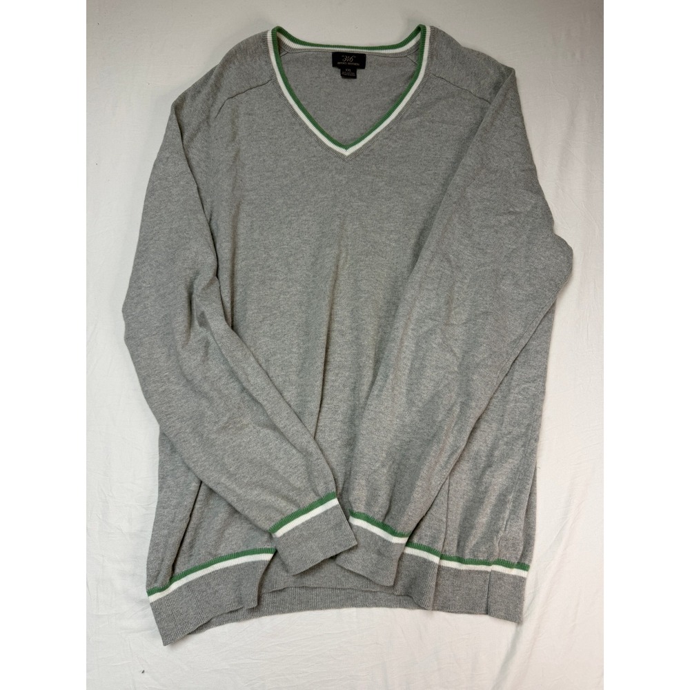 Brooks Brothers 346 Mens XXL Gray Cotton Cashmere V-Neck Sweater Green Tipping